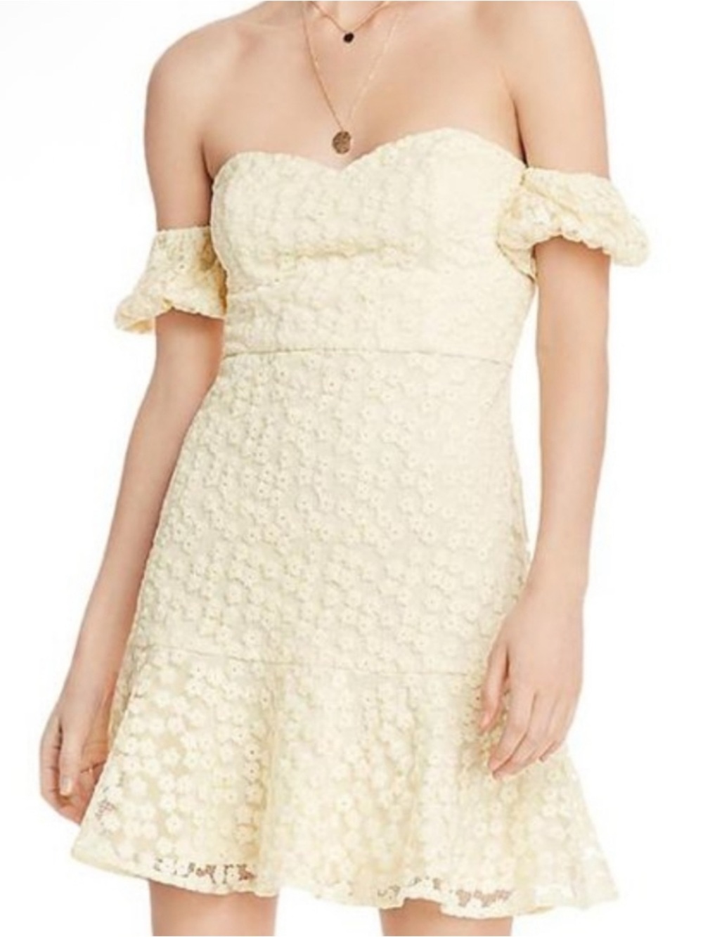 Aqua x Helen Owen Yellow Floral Lace Off The Shoulder Mini Dress Small